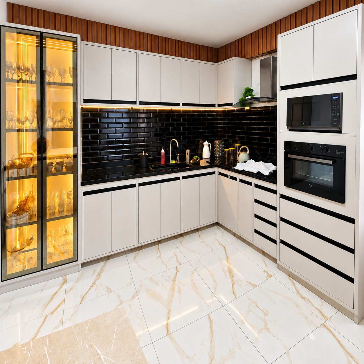 Cozinha planejada branca com detalhes pretos
